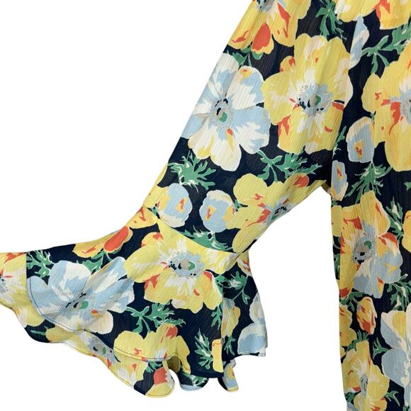 Chaps X-Large Top Floral Semi-Sheer Ruffled 3/4 Bell Sleeves Keyhole Round Neck - Picture 3 of 8